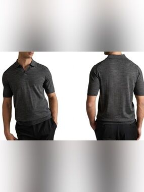 REISS Duchie Wool Open-Collar Polo Shirt Charcoal